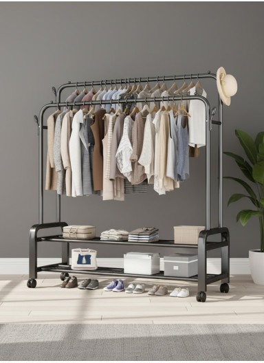 2-in-1 Modern Wheeled Garment Rack with Ample Hanging Space, Shoe Storage Sturdy Iron & Plastic Design (W43.3 x D21.6 x H59)inch - Black | Online Shopping in Ghana – Best Deals...